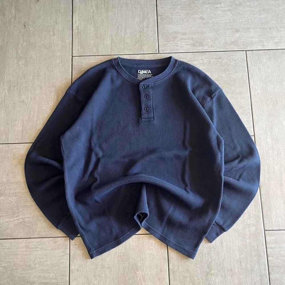 Dahli Navy Blue Waffle Knit Henley Long Sleeve Thermal Shirt Mens XL